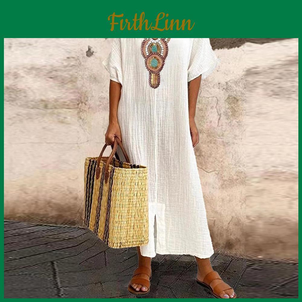 Women Dress Linen Summer Cotton Casual Loose Holiday Beach Bohemian Long Sundress Solid Vestido Female Clothing