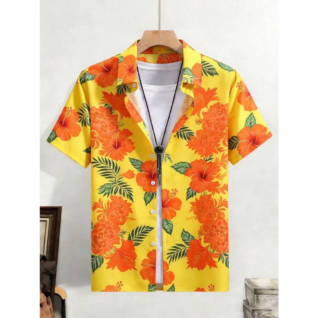 2026 Men's Fashion Simple Short Sleeve Shirt Natural Plant High Definition Printed Shirt Hawaiian Casual Social Clothing for Men