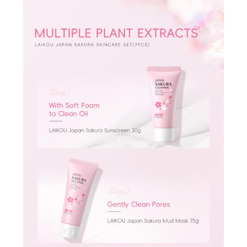 LAIKOU Japan Sakura Skin Care 7-pieces set, Face Cleanser Toner Serum Cream Mud Mask Sunscreen Eye Cream