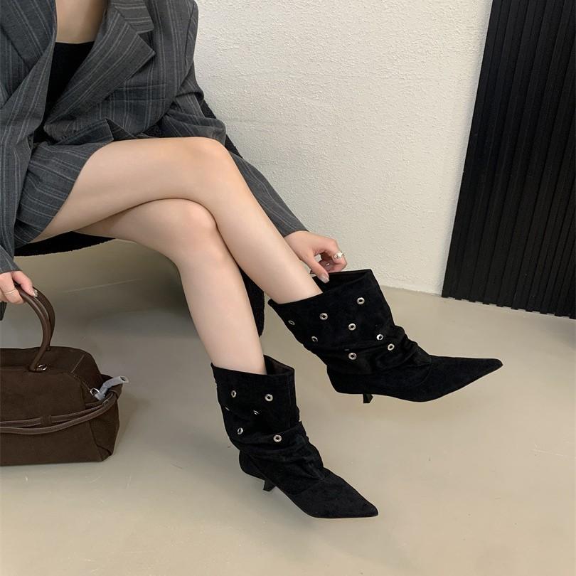 European and American Fashion Punk Style Riveted High-heeled Short Boots Spice Girls 2025 Autumn and Winter Short Tube Pointed Thin Heel Pleated 