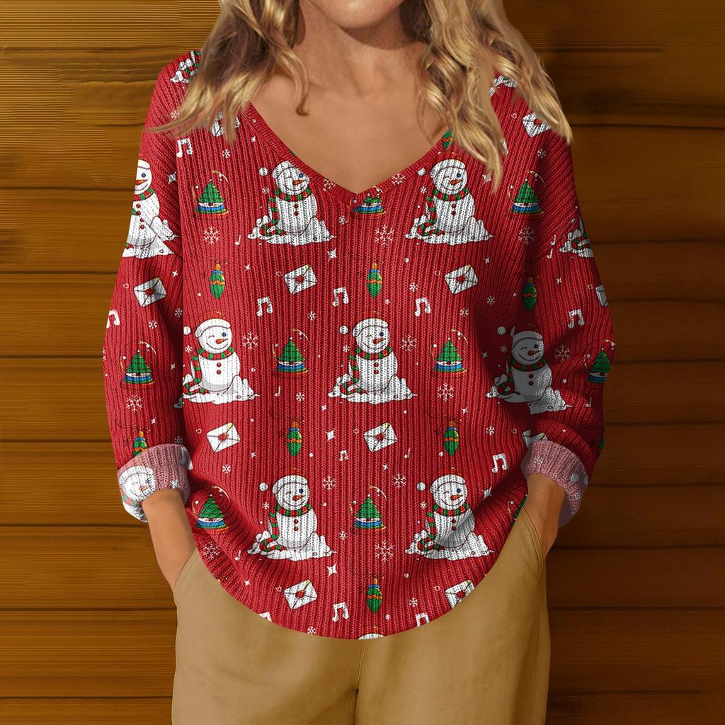 Damen Casual V-Ausschnitt Langarm Strickpullover mit Weihnachtsprint