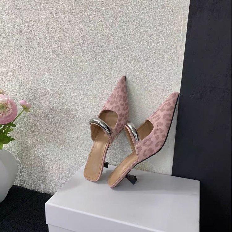 French Pointed Toe Bag Head Half Slippers Women's 2025 New Outer Wear Thin Heel Medium Heel Soft Leather Soft Bottom Slippers