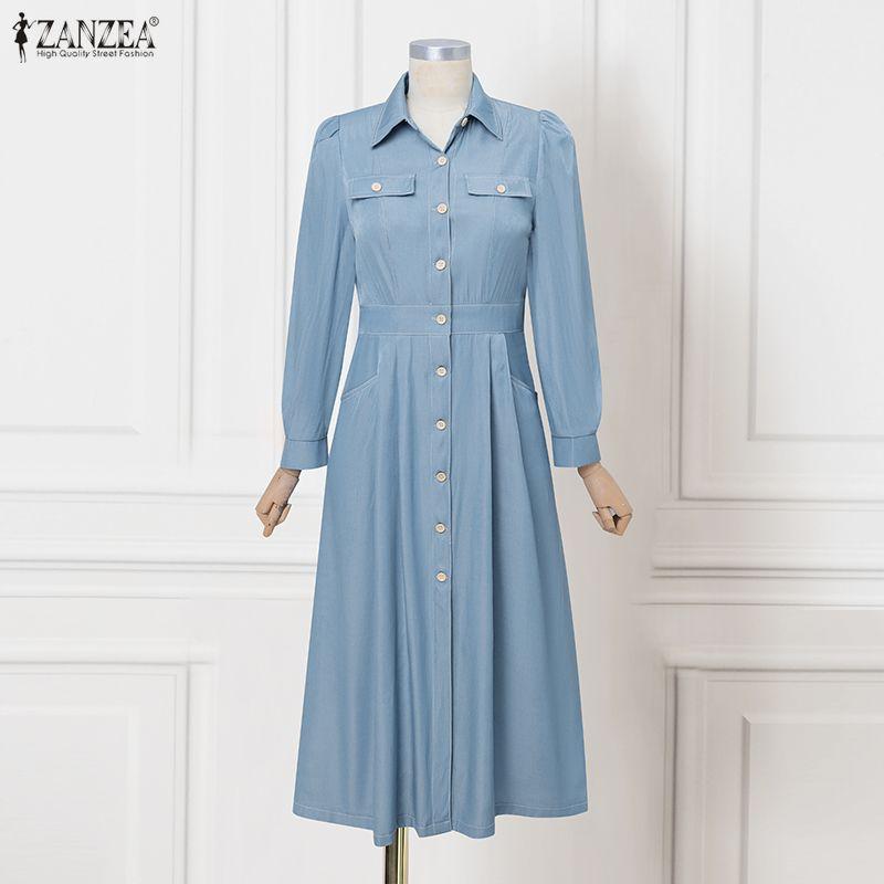 ZANZEA Lässiges Damen-Kleid mit Umlegekragen und langen Ärmeln