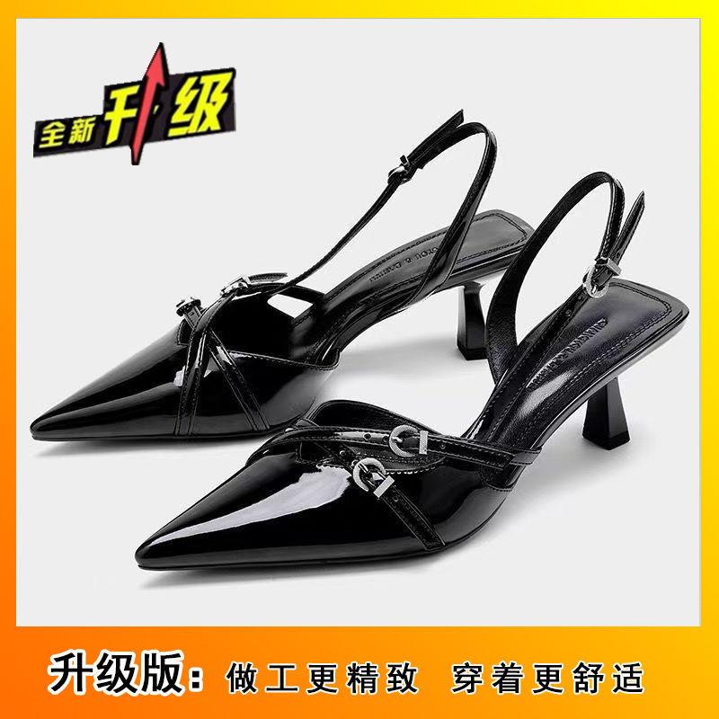 French temperament black bag head casual sandals 2025 summer and autumn fashion outer wear cat heel one-word buckle high heels women