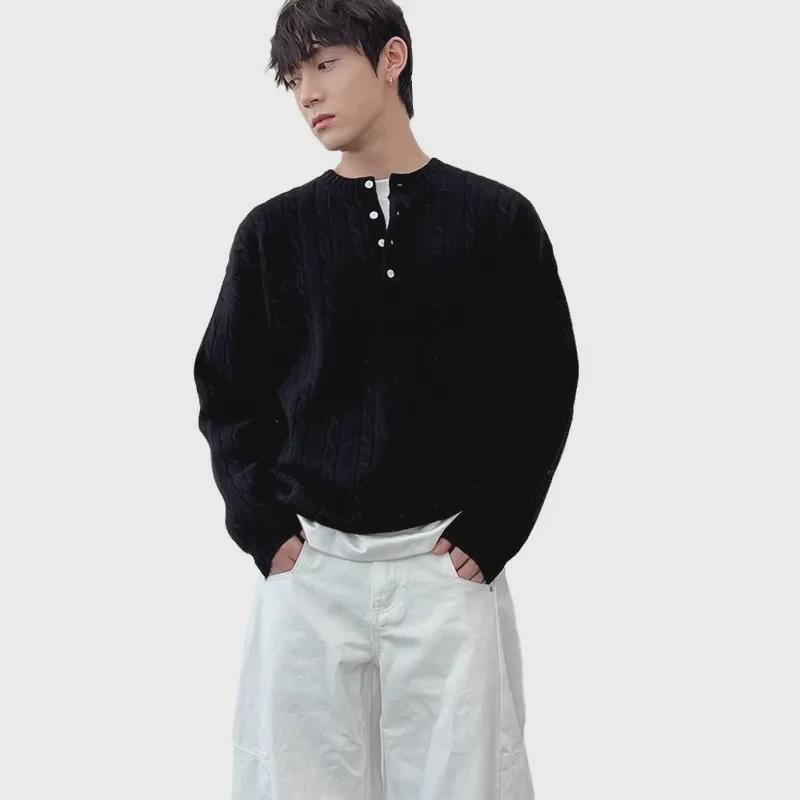 Men's Korean Style High-End Henley Collar Sweater - Heavy Woven, Twisted Knit, Loose Fit for Spring & Autumn