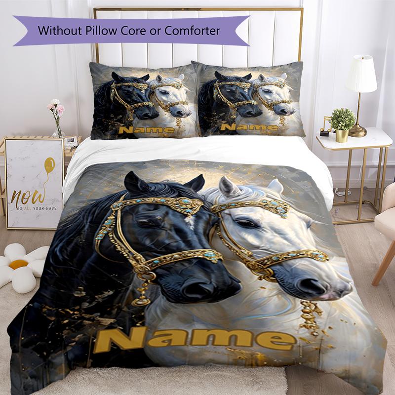 3pcs Custom Name Horse Bedding Set Duvet Cover Closure Includes 1 Duvet Cover & 2 Pillowcases, Soft and Comfortable for All Seasons.