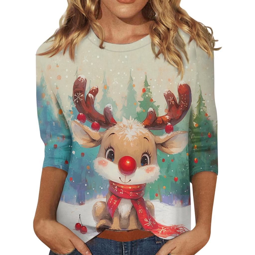 Ladies' Christmas Printed Fashionable Casual Seven Quarter Sleeved Round Neck Top