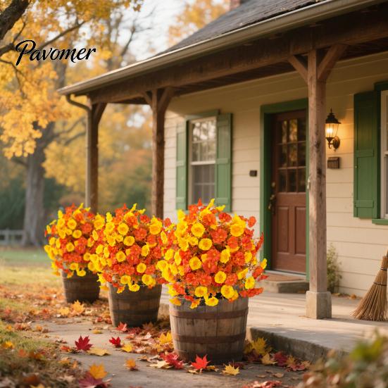 Durable Plastic Fall Foliage Artificial Autumn Flowers Bouquet, Maple Leaf/Morning Glory/Camellia Eucalyptus Ground Stake, Waterproof Harvest