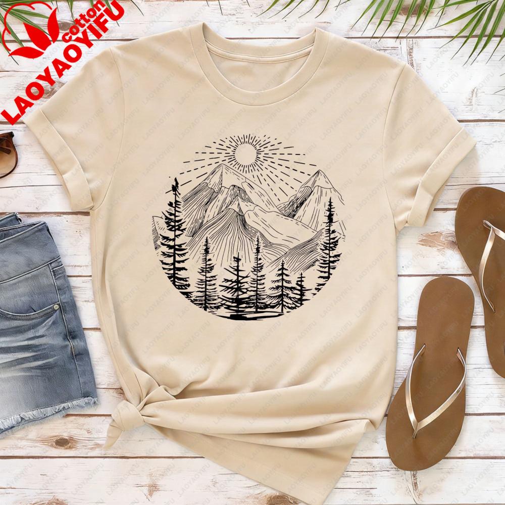 T-shirt da Donna Foresta Montagna Sole Cotone Manica Corta Top Casual Moda Top Estivo Outdoor T-shirt con Fantasia Classica
