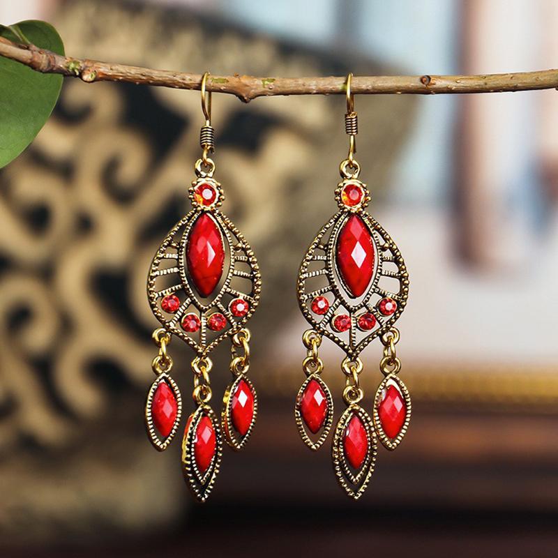 Ethnic Vintage Red Temperament Long Dangle Earrings for Women Flower Peacock and Water Drop Design Wedding Party Jewelry