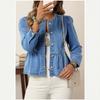 Women's Round Neck Long Puff Sleeve Denim Jacket Regular Fit Sweet Solid Color Cropped Blazer For Spring Daily Casual Outfit