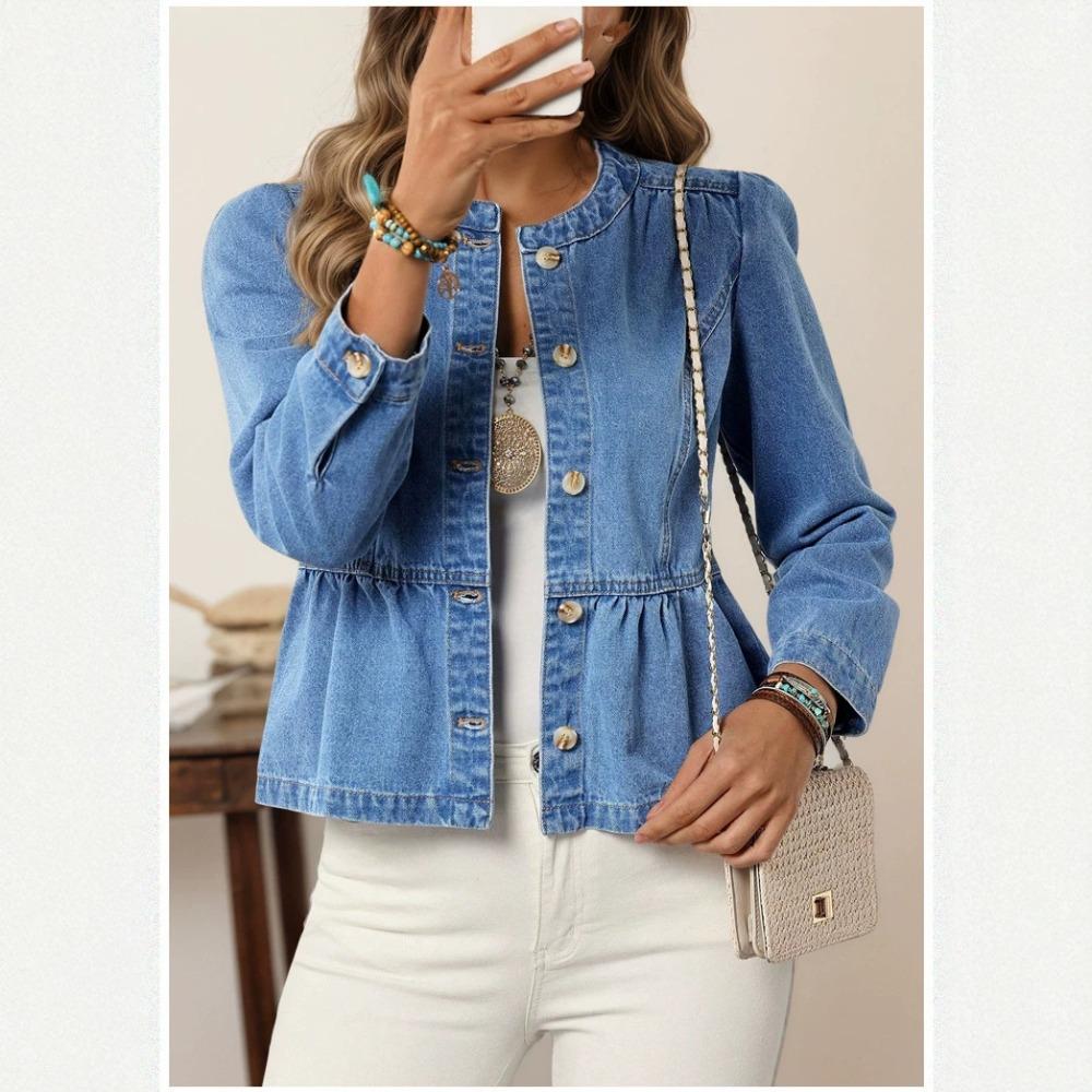 Women's Round Neck Long Puff Sleeve Denim Jacket Regular Fit Sweet Solid Color Cropped Blazer For Spring Daily Casual Outfit