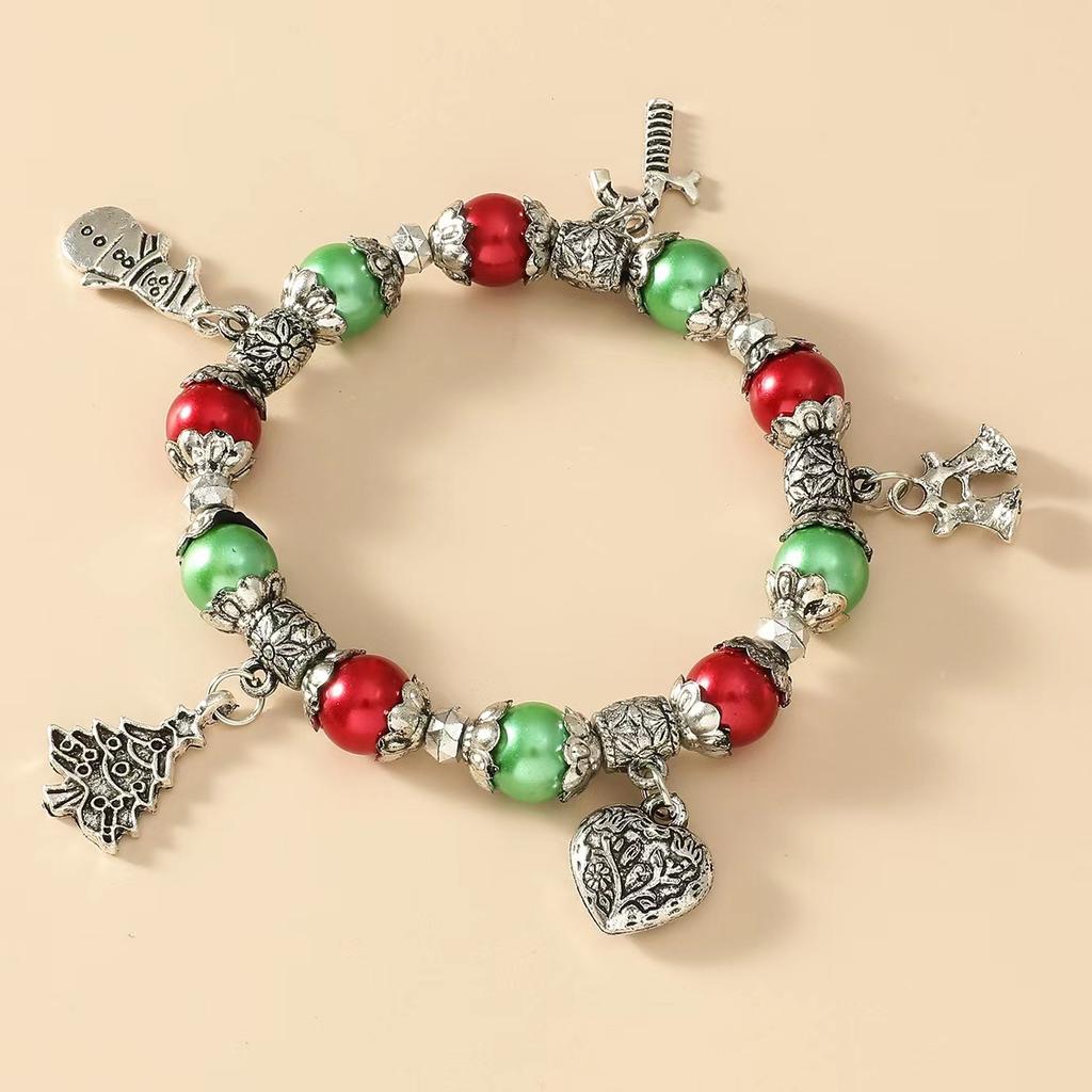 2025 2026 handmade Christmas tree beaded Tibetan silver bracelet retro cute snowman metal bracelet hand jewelry wholesale