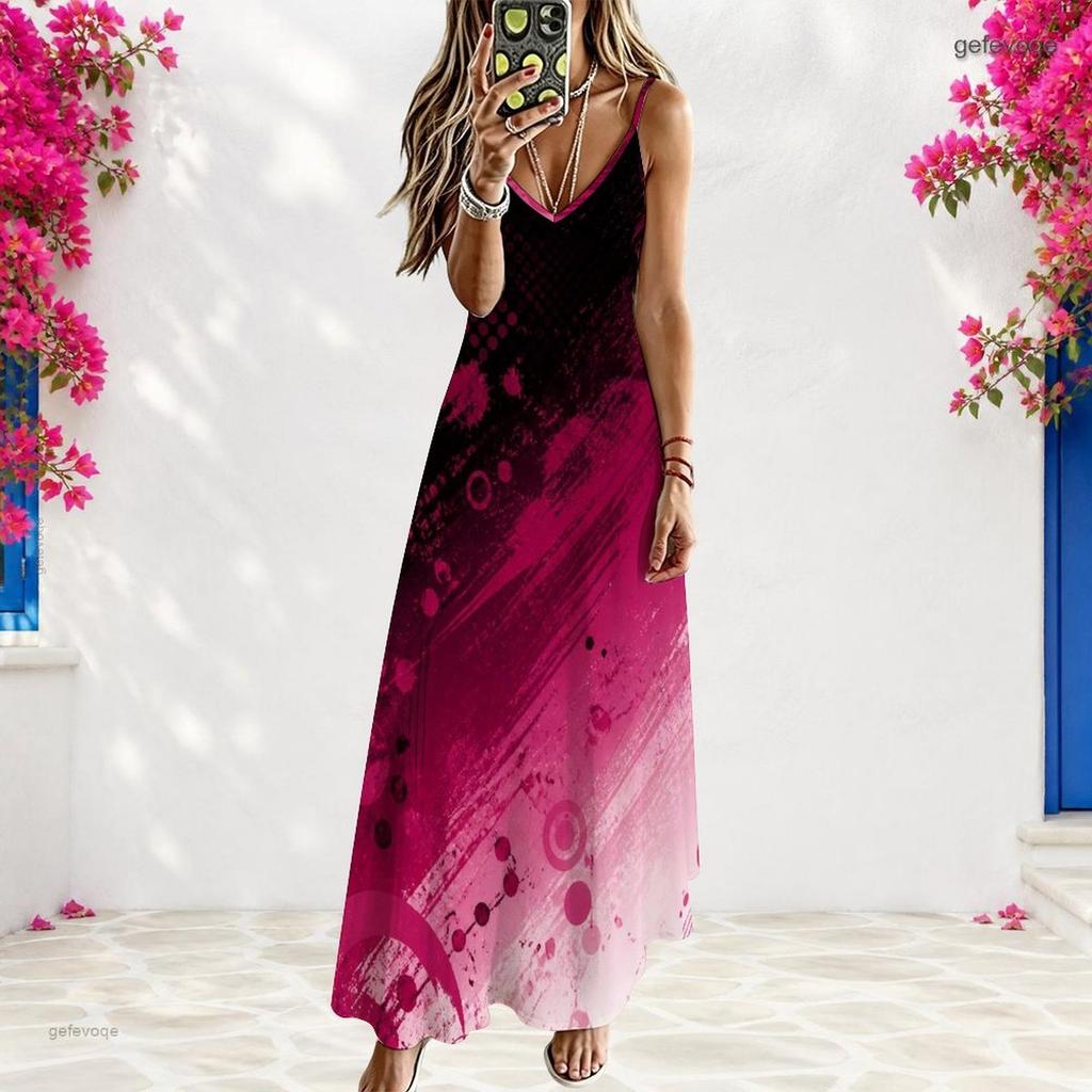 Women Plus Size Off Shoulder V Neck Spaghetti Strap Sleeveless Colorful Swirl Print A Line Long Dress