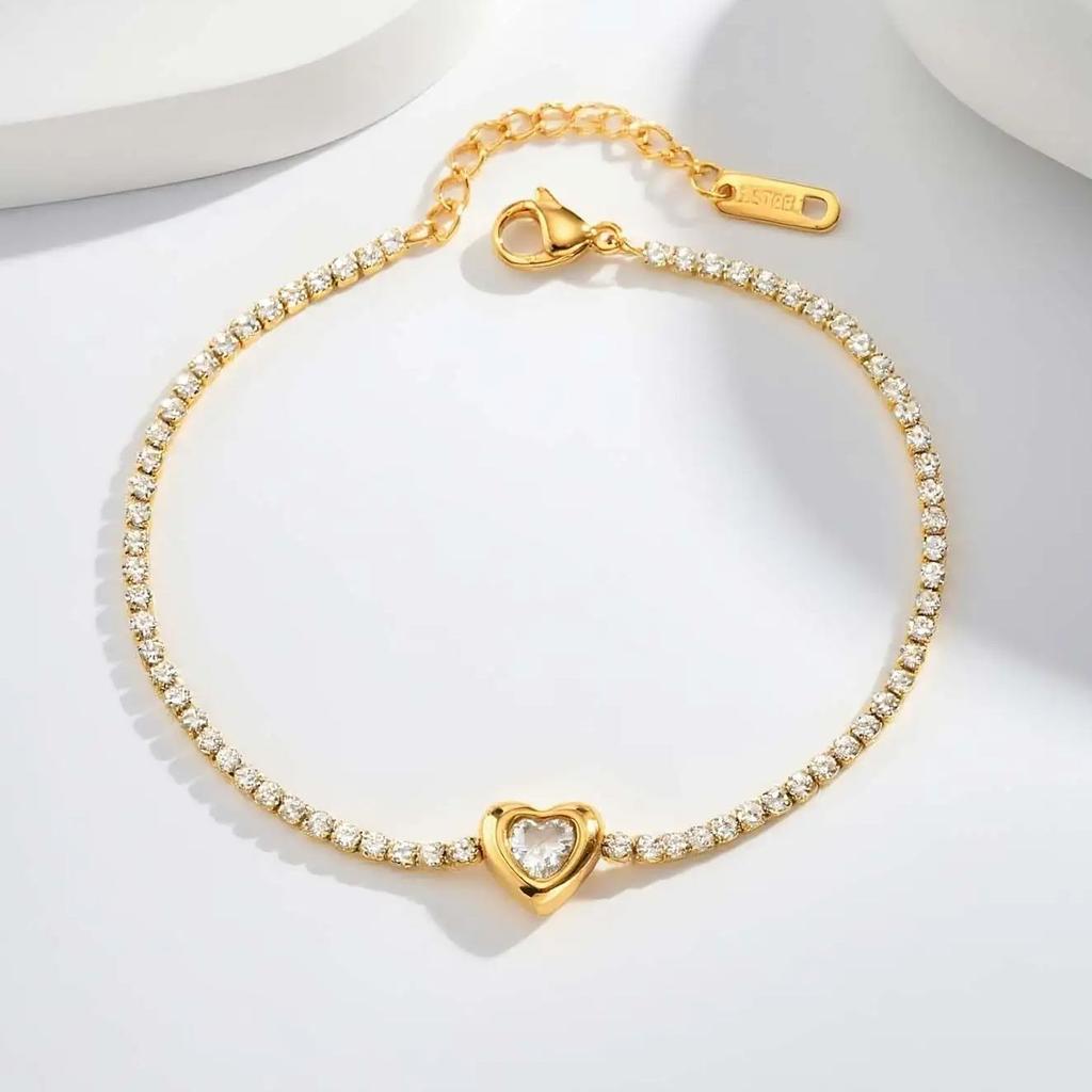Luxurious Heart Zircon Chain Bracelet for Women,Gold Color Stainless Steel Link Chain Bracelets,Fashion Jewelry Gift