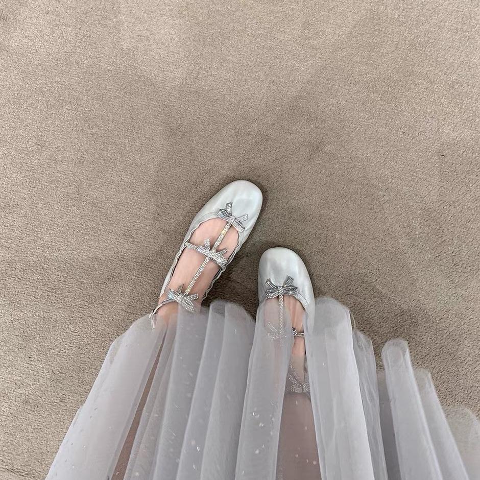 Su Yinyin Same New French Retro Heavy Industry Rhinestone Bow Flat Ballet Single Shoes Women's Mary Shoes