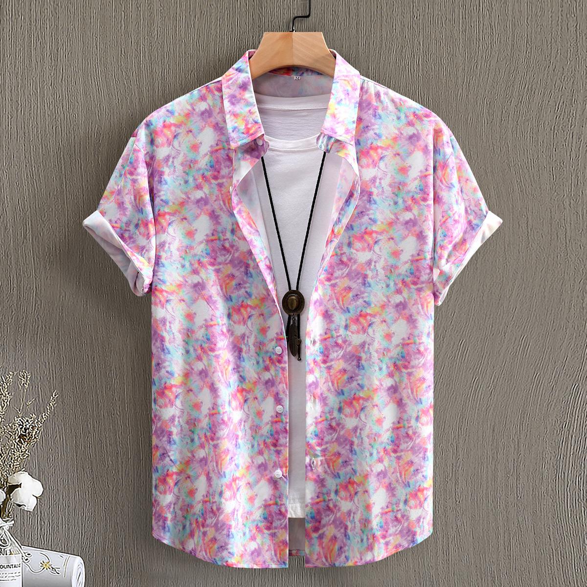 

Уютные мужские рубашки с цветочным принтом и коротким рукавом на пуговицах, пляжные рубашки обычного кроя, летние повседневные рубашки XXL фиолетовый