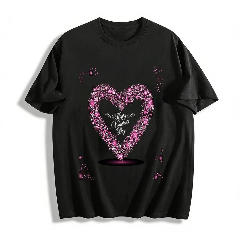 Sparkling Diamond Heart Print Casual Loose Fit Crewneck Top Pure cotton T-shirt XXS