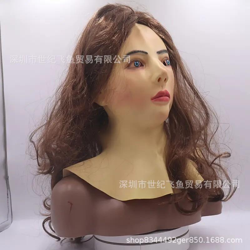 Realistic Young Woman Face Mask Long Hair Latex Halloween Cosplay Party Prop