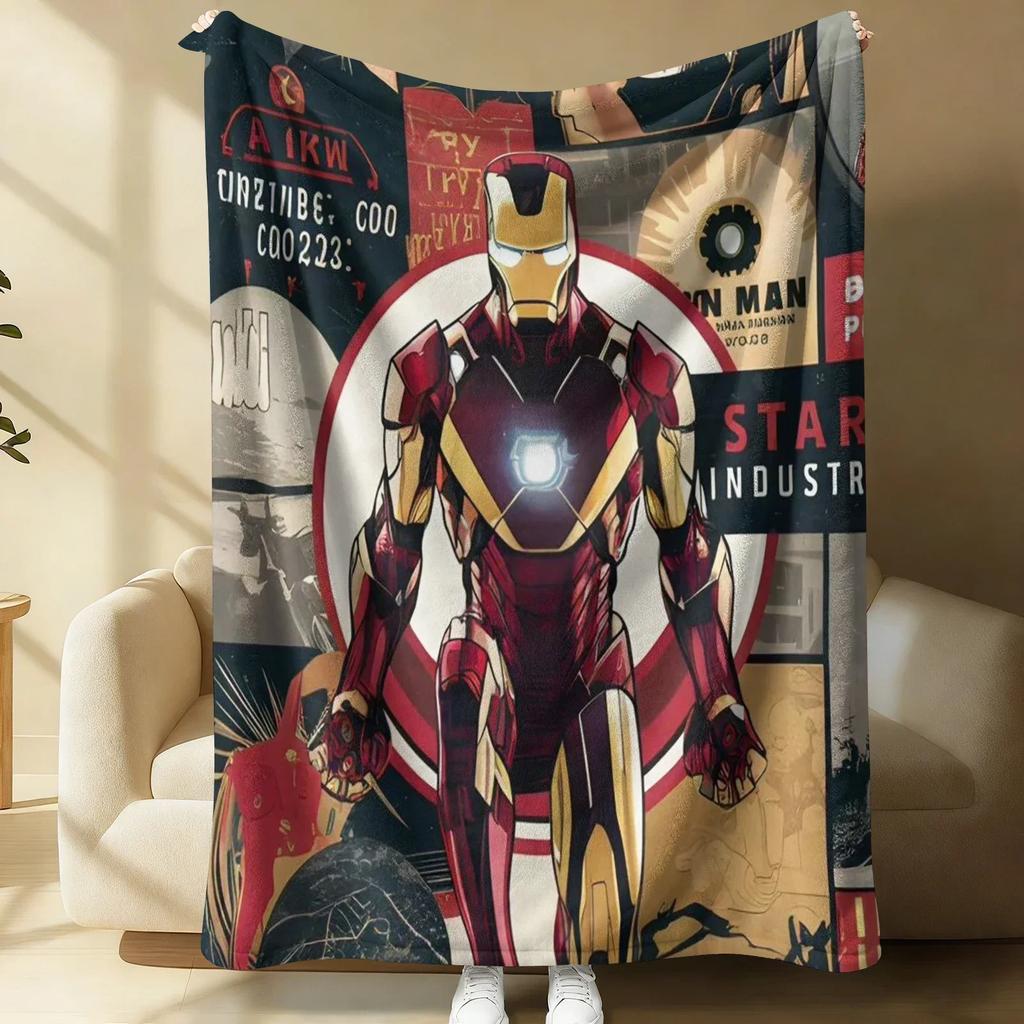 Styl Tech Avengers Koc Flanelowy Miękki Ciepły Puszysty Kocyk Pokrowiec na Sofę Kanapę Łóżko Niebieski Piksel & Nadruk Bohaterów Lekki Kocyk na Drzemkę