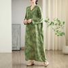 Real Early Autumn New Color Holiday Style Travel V-neck Retro Long Dress Covering Meat Cotton and Linen Dress
