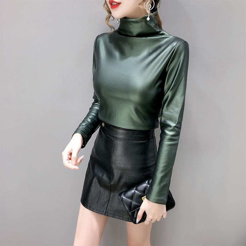 European Station Autumn and Winter Velvet Thickened Leather Jacket Turtleneck Bottoming Shirt Women's Versatile Long-sleeved Top Small Shirt Trendy