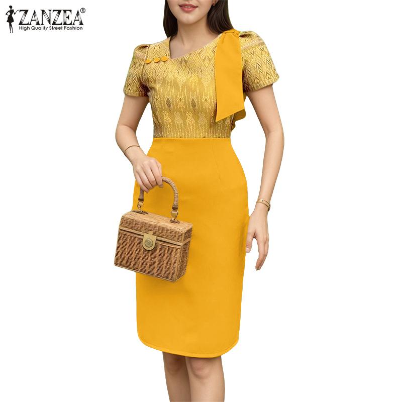 ZANZEA Women Print Patchwork Summer Casual Short Sleeve Sheath Dress