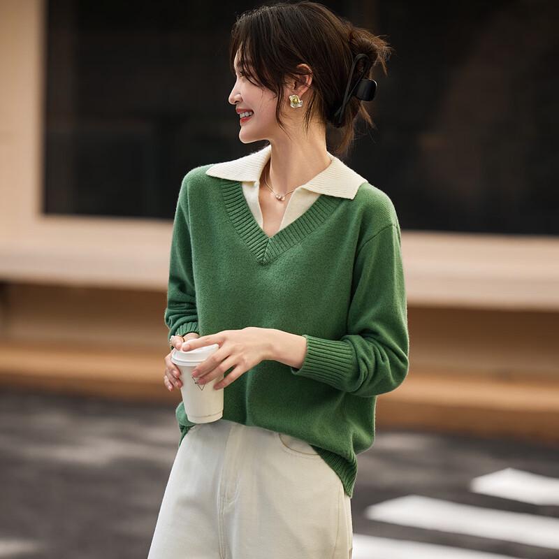 Srcr Women's 100% Merino Wool Faux Two-Piece Lapel Sweater