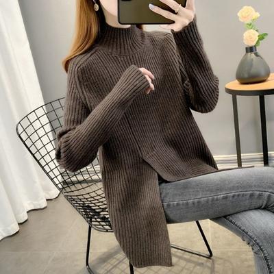 Suéter pulôver de malha de comprimento médio outono/inverno meia gola alta para mulheres look estrangeiro e suéter de tricô de manga comprida
