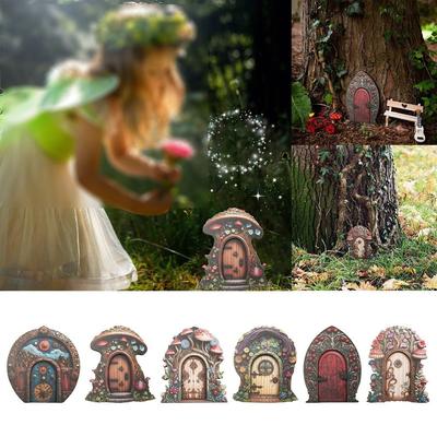 Wooden Fairy Gnome Door Figurines Handmade Craft Windows Door Miniature Micro Landscape Elf Door Art Statues Garden Decoration
