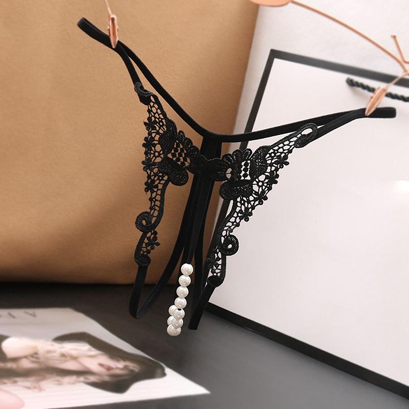 Transparent Embroidered Sexy Pearl Thong Panties With Open Crotch And Low Waist
