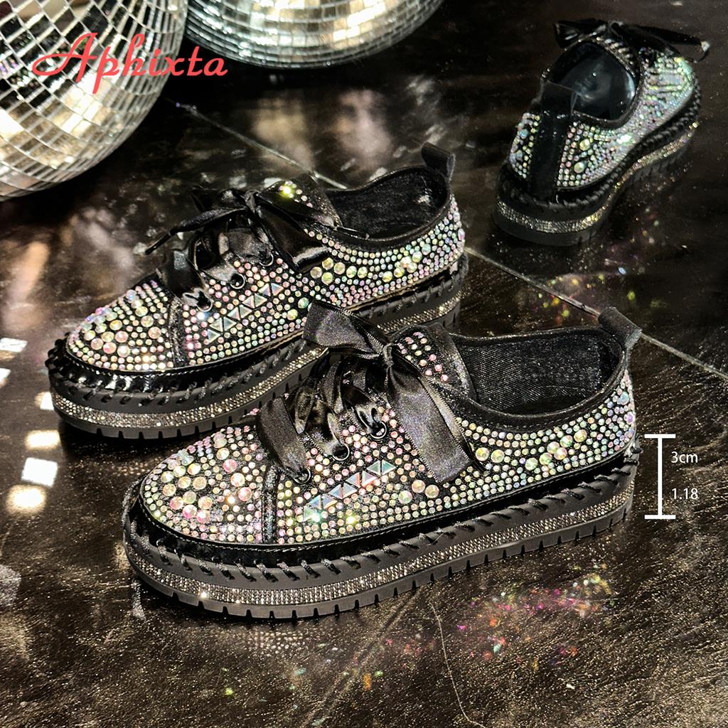 Fashion Aphixta Flat With Women Loafers Bling Crystal Flats Lace Up Design Casual Shoes Silver 3cm Heels Luxury Size 44 Ladies Shoes