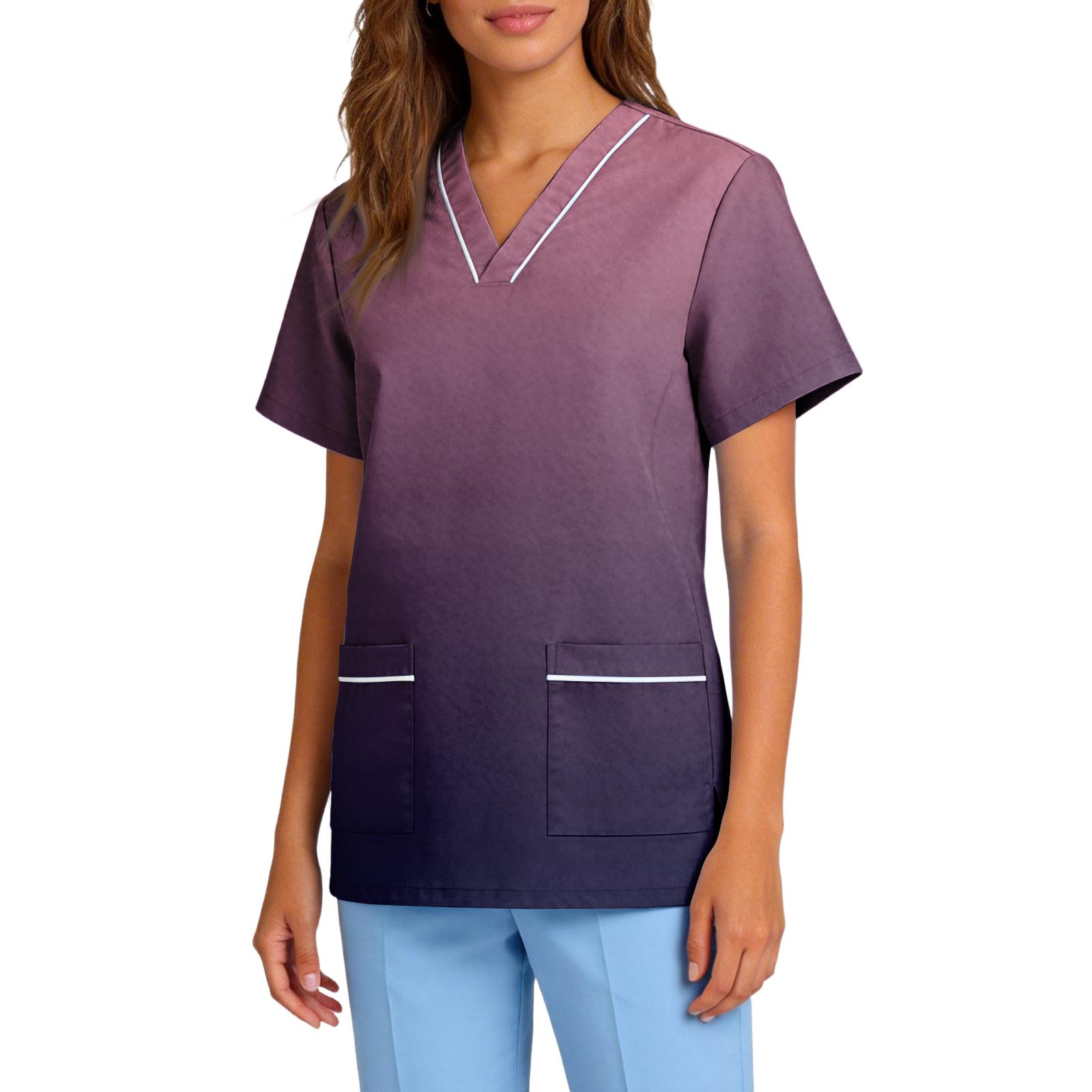 

Women s Stretch Quick Dry V Neck Pocket Short Sleeve Gradient Print Medical Scrub Top Work Uniform for Healthcare Professionals XL