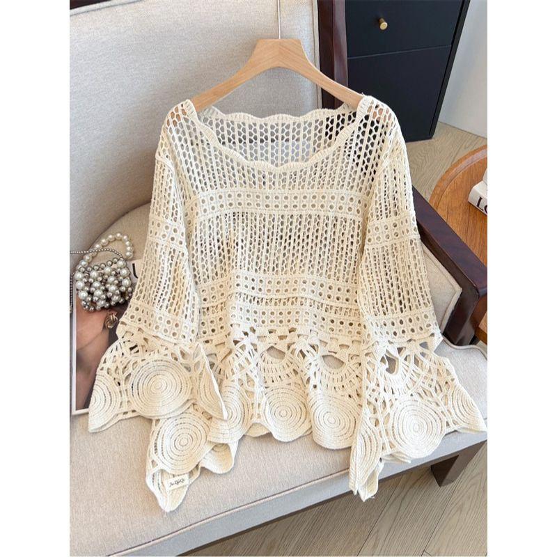 Bohemian Style Plus Size Women Clothing Crochet Hollow Knitted Pullover Airable Shirt Capri Bell Sleeve Cover Up Sun Protection Clothing