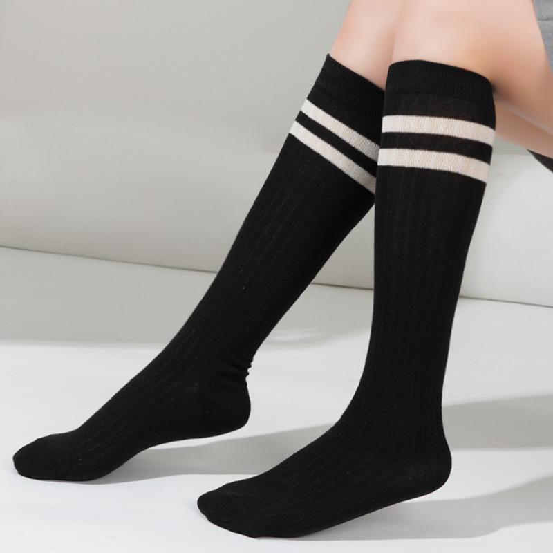 Women Striped Cotton Long Socks Japanese Jk Black White Knee High Stockings Long Tube Leg Solid Color Girls Students Warm Socks