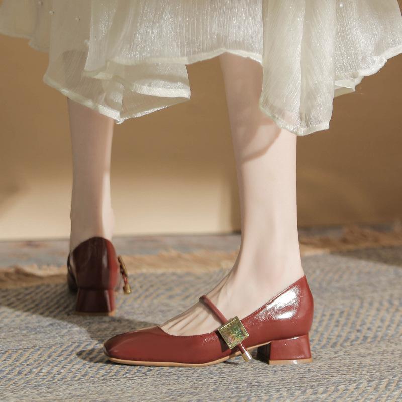 Retro Mary Jane Shoes Women's Shallow Mouth New Thick Heel Single Shoes with Versatile and Sexy