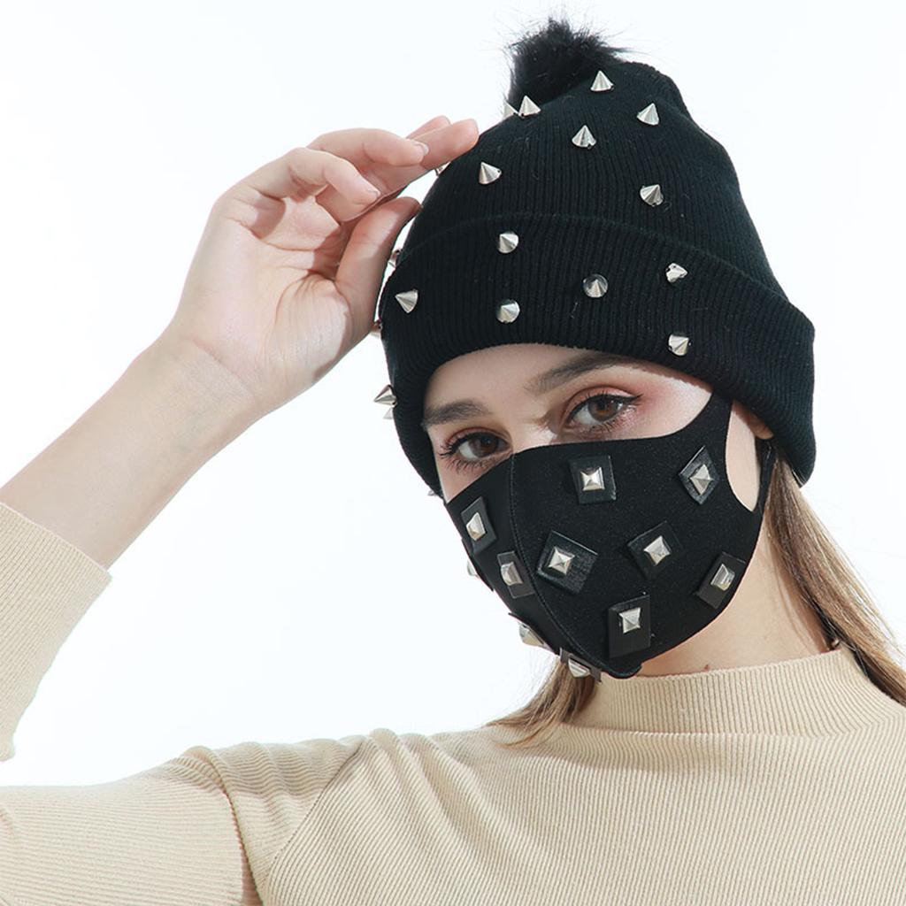Black Soft Punk Knitted Beanie Warm Hat Winter 18x35cm for Women and Girls