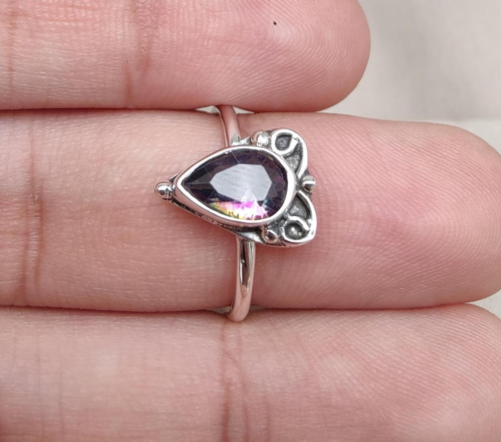 Mystic Topaz Sterling Silver Ring: Rainbow Pear Cut Boho Jewelry