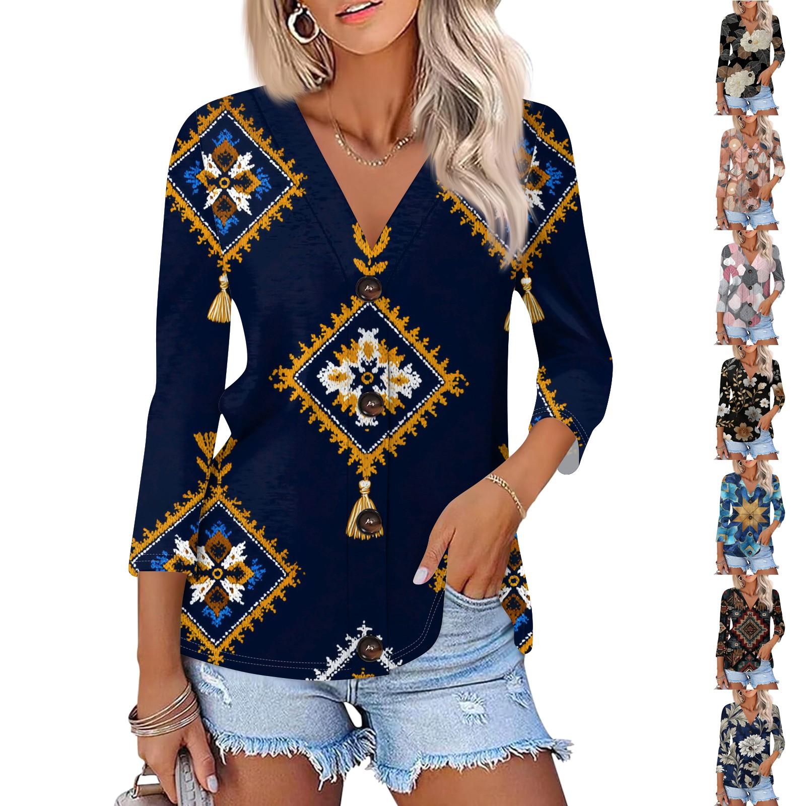 

Women s Casual Fashion Floral Print Three-quarter Sleeve Button Cardigan Top L синій