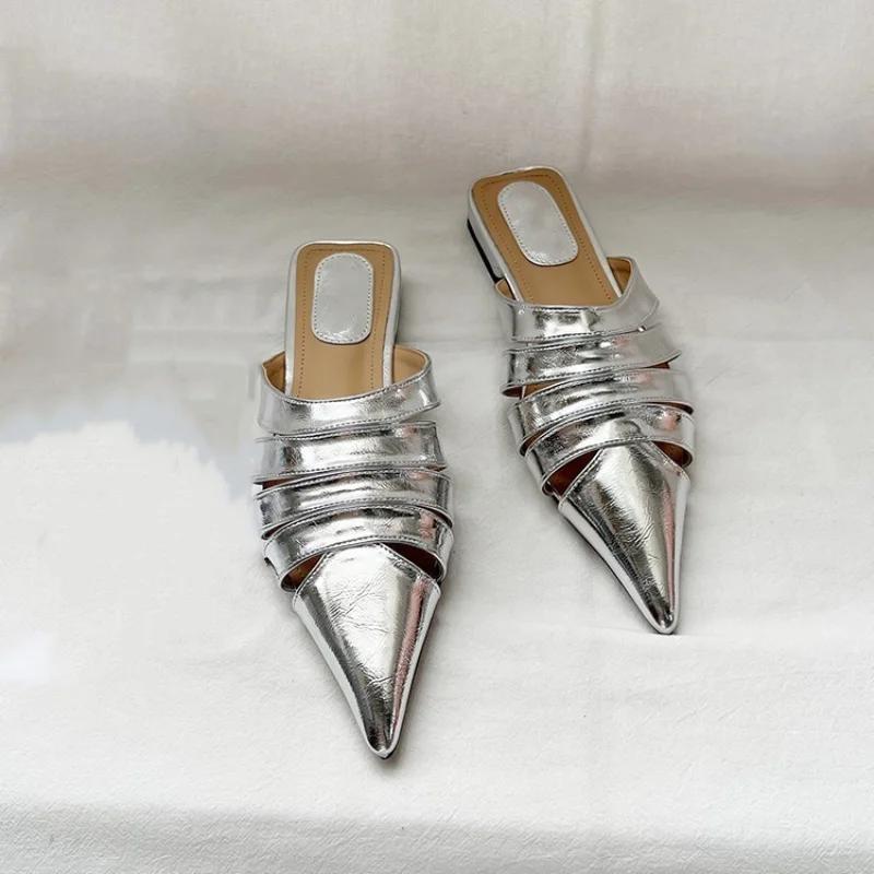 Fashion Pointed Toe Women Mules Slippers Black Gold Silver White Casual Outside Flat Slippers Hollow Dress Shoes Summer Slip On Slides