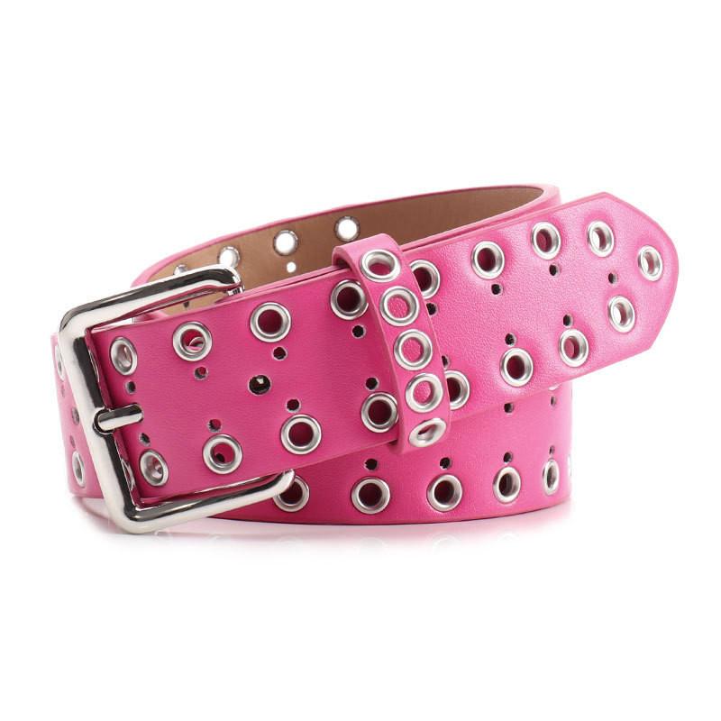 Hollowed Metal Women Leather Belt With Solid Color And Alloy Buckle Fashion
