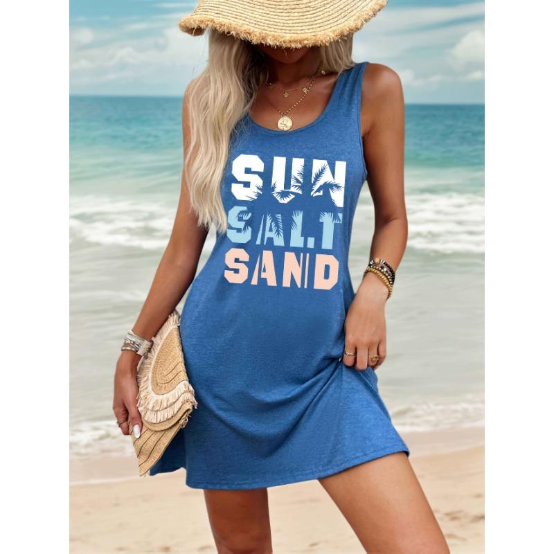 Tropical plant & letter print women's casual vest dress spring, summer and autumn
