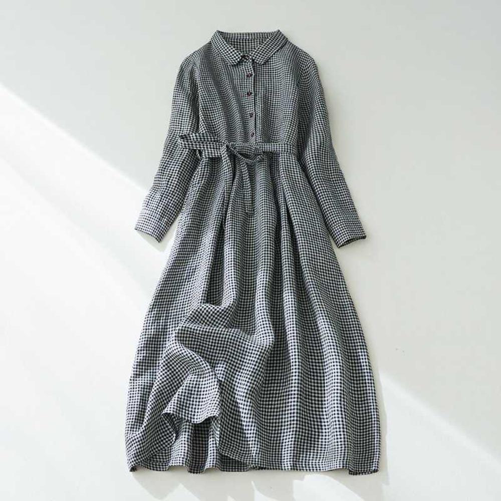 Women s Plaid Linen Cotton Shirt Dress with Waist Tie Long Sleeve A-Line Maxi Dress M