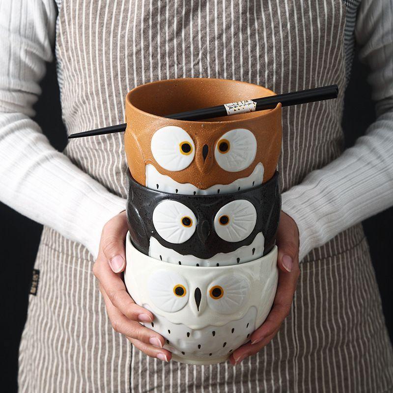 BEPAN Japanese Owl Chopstick Bowl Single Tableware Household Instant Noodles with Perforated Ceramic Simple Rice Bowl