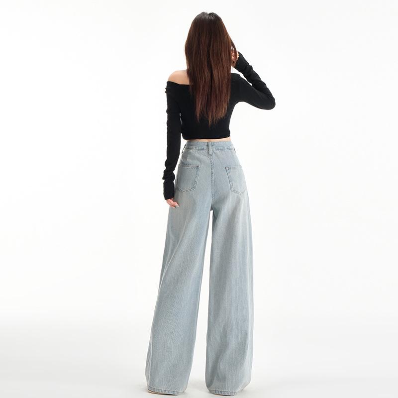 2025 Spring Women's High-Waisted Wide-Leg Jacquard Jeans - Slimming, Floor-Length