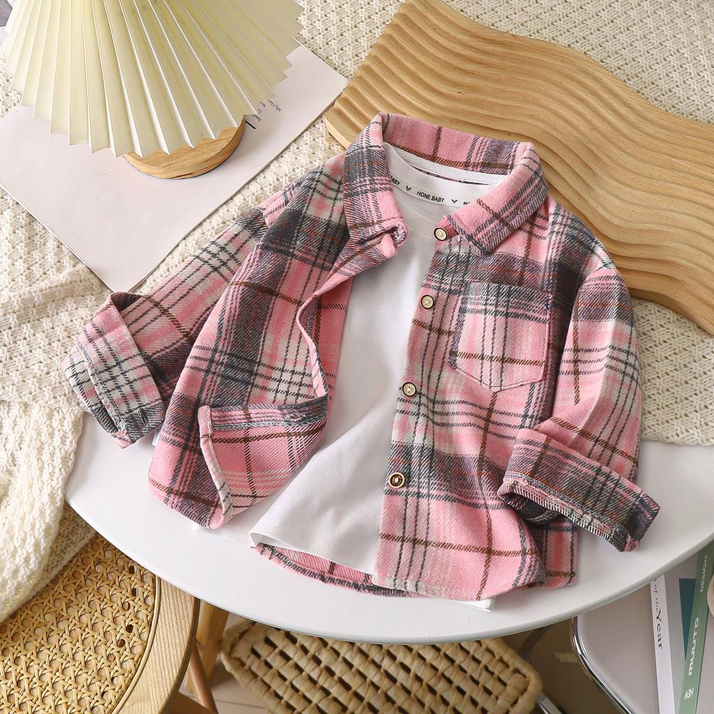 Boys Shirt Long-sleeved Autumn Models Plaid Shirt Children Retro Color Blocking Cardigan New Lapel Blouse Jacket Girls