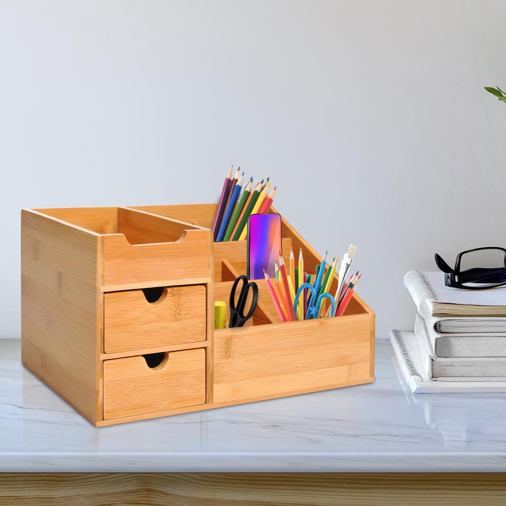 Desk Organiser Holder, Bamboo Multi-Function Storage Caddy with 7 Storage Compartments and 2 Drawers for Home Office Stationary Supplies