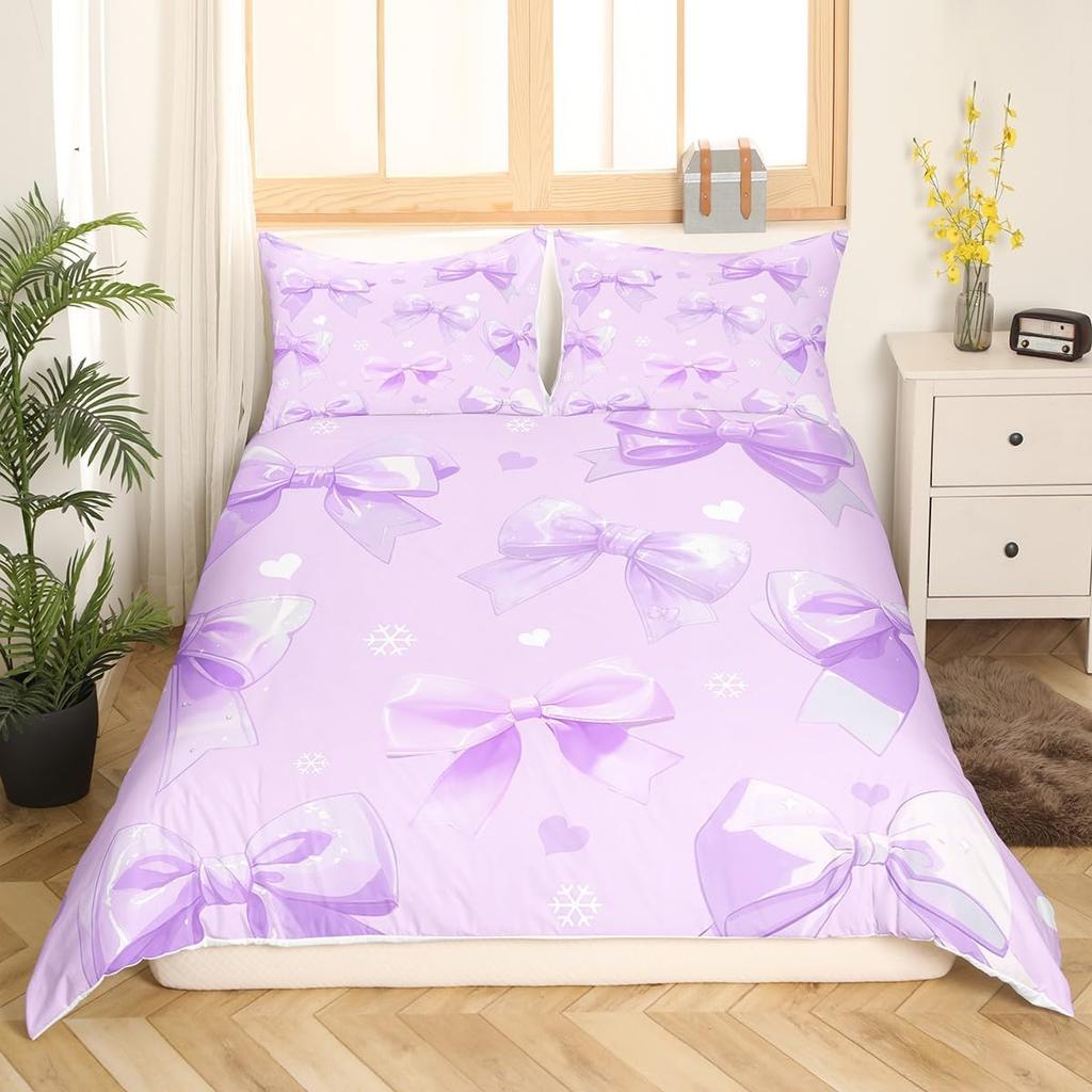 Dreamy Pink Bow Duvet Cover Queen King Size Princess Style Cute Bow Print Suitable For Kids Girls Teens Bedroom Decoration 3 Pcs