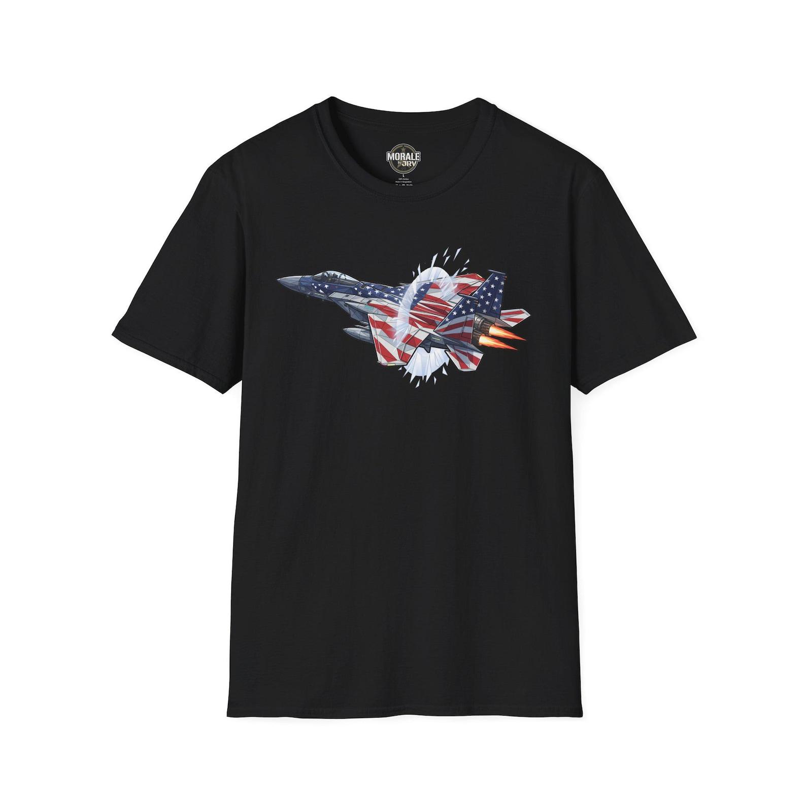American Flag Fighter Jet T-Shirt | Patriotic Military Aircraft USA | Veteran Gift S
