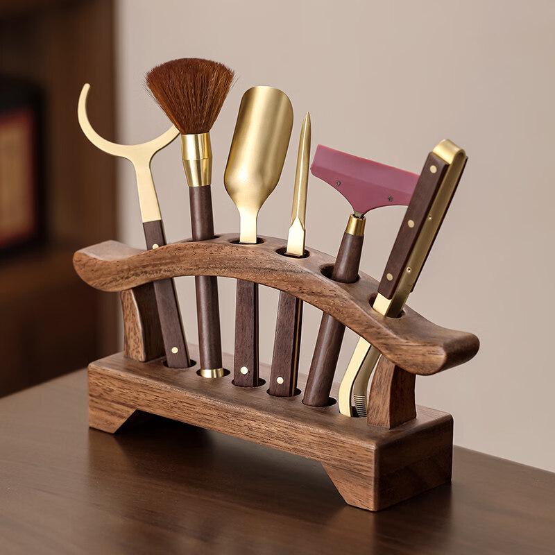 Walnut Wood Tea Ceremony Set with Brass Tools